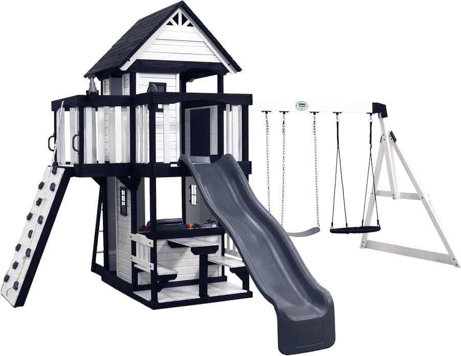 Canyon Creek Cedar Wood Swing Set with Wave Slide, Clubhouse, Play Kitchen, Picnic Area, Belt Swings, Web Swing, Rock Wall, Balconies, Playhouse, Step Ladder, Outdoor Playset