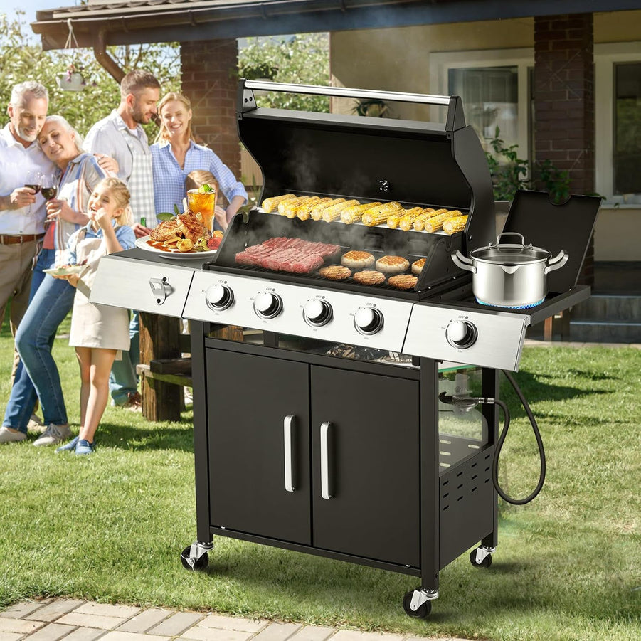 Upgraded 4 Burner BBQ Propane Gas Grill with Cast Iron Grates & Side Stove, 44,000 BTU Stainless Steel Burner Barbecue Grill for Patio, Camping, Outdoor Cooking MELLCOM