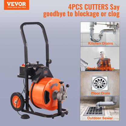 Drain Cleaner Machine 100FT x 1/2Inch, Auto Feed Sewer Snake Auger with 4 Cutter & Air-activated Foot Switch for 1" to 4" Pipes, Orange, Black