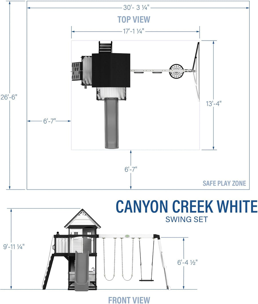 Canyon Creek Cedar Wood Swing Set with Wave Slide, Clubhouse, Play Kitchen, Picnic Area, Belt Swings, Web Swing, Rock Wall, Balconies, Playhouse, Step Ladder, Outdoor Playset