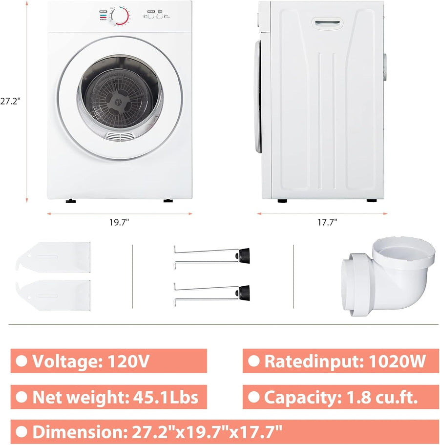 Compact Dryer 1.8 cu. ft. Portable Clothes Dryers with Exhaust Duct
